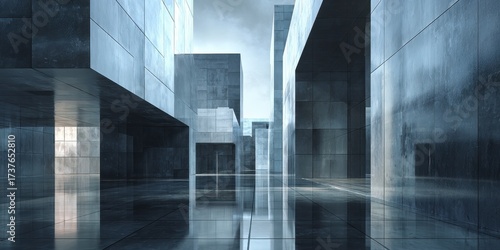 Wallpaper Mural Dark minimalist interior architecture with reflective floors and geometric shapes. Torontodigital.ca