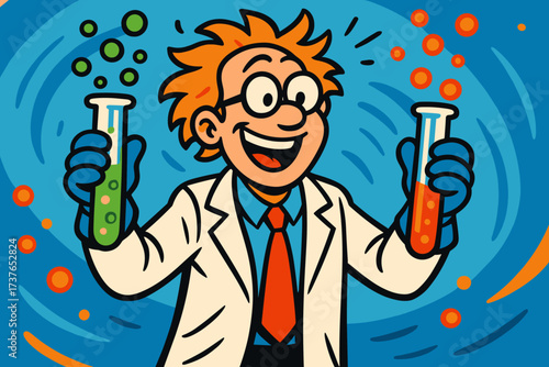 Holding scientist cheerful coat bubbling vector illustration experimenting liquids test colorful