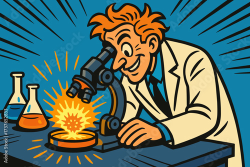 Table specimen lab s scientist vector illustration through microscope peering discovery glowing