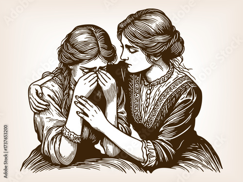 woman consoling crying woman, symbolizing empathy, compassion, support, and emotional connection sketch engraving generative ai fictional character vector illustration. Scratch board. Black and white.