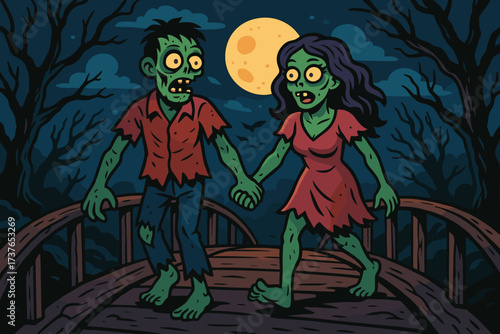 Across illustration walking vector zombie creepy bridge night stroll couple hand