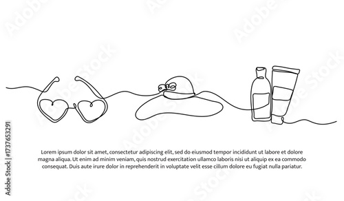 Continuous line design of protection on the beach. Single line decorative element drawn on white.
