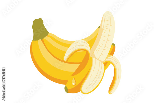 Bunch of yellow bananas with one peeled on white background