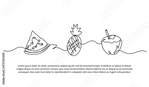 Continuous line design of watermelon,pineapple and coconut on the beach. Single line decorative element drawn on