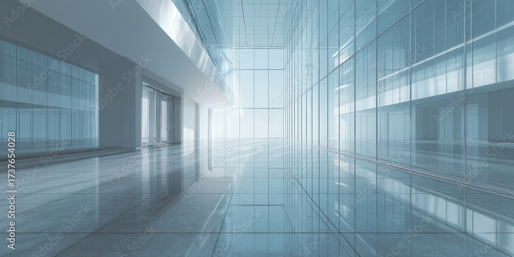 Obraz premium Modern minimalist glass architecture interior with sleek design and ample light.