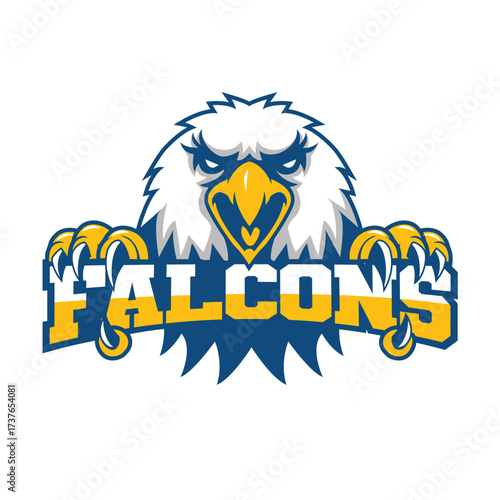 Dynamic illustration of a mighty bird of prey with the word "Falcons," representing courage, agility, and dominance, ideal for athletic branding and competitive spirit