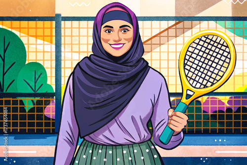 Female tennis player wearing a hijab, smiling while posing with her racket against an isolated background, illustrated in professional high-quality vector style, perfect for stock imagery, sports them
