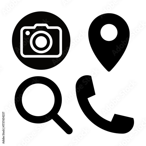 Essential communication icons collection representing camera location search and telephone