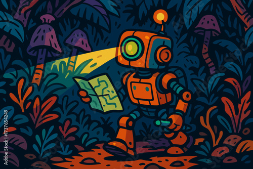 Adventure sensors explorer robot glowing illustration jungle vector alien through map