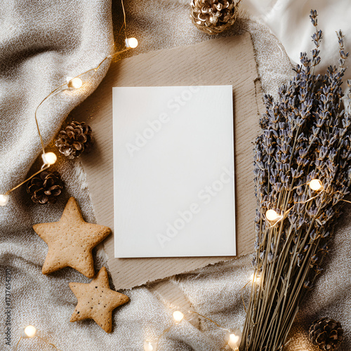 Christmas rustic boho mockup with lavender sprigs, cookies, and neutral blank card