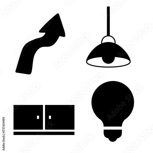 Minimalist icon set featuring an arrow, light fixtures, and a cabinet representation