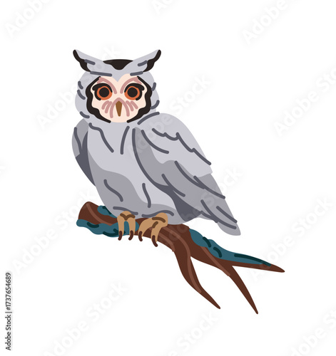 Wild eagle owl sits on branch. Cute owlet is on tree. Night bird of prey of forest. Woodland wildlife. Polar hunter with wings. Arctic fauna. Flat isolated vector illustration on white background
