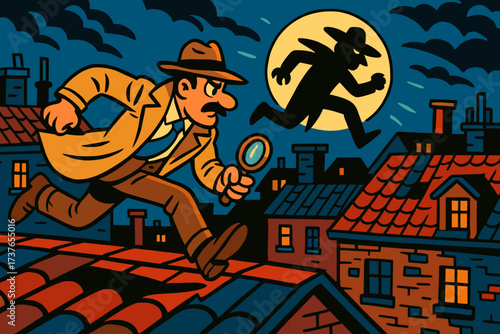 Chasing shadowy vector running across chase rooftop rooftops villain detective illustration under