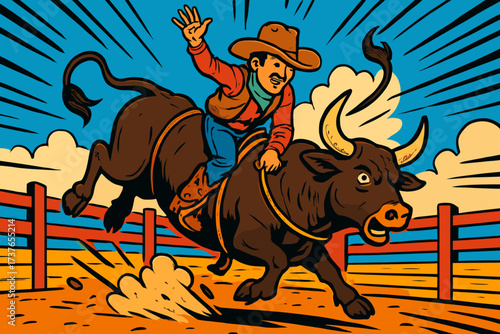 Bull bucking illustration exaggerated cowboy lines vector rodeo action riding