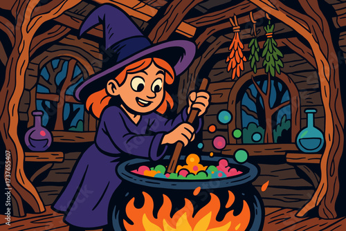 Inside illustration s young forest potion bubbling vector hut witch brewing