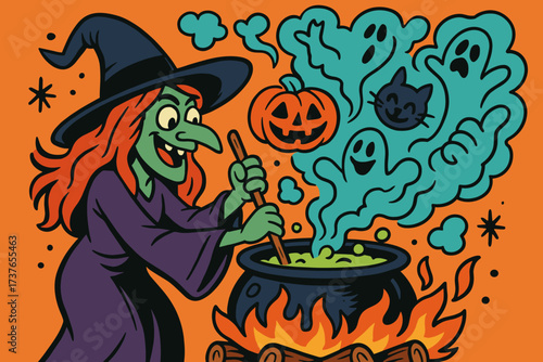 Witch magical it funny illustration vector forms while s stirring cauldron