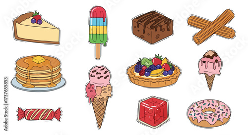 Delicious Desserts Sweet Treats Collection Cake Ice Cream Brownies Donuts Churros Pancakes Jellies and Popsicles Vector Illustrations for Food Businesses
