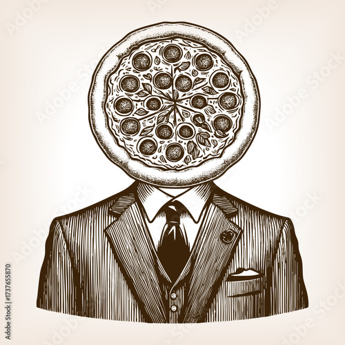man in formal suit with a pizza head, humor, creativity, and surrealism sketch engraving generative ai fictional character vector illustration. Scratch board imitation. Black and white image.