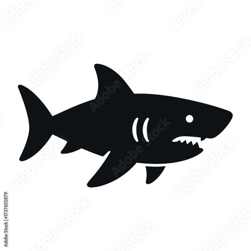 Silhouette of a shark with sharp teeth and fin display on white background