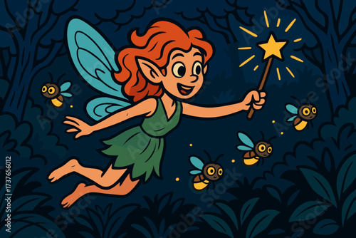 Wand leads forest night fairy glowing through fireflies leading vector illustration