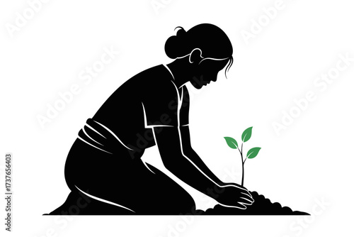 Silhouette illustration of a woman planting a green sapling, symbolizing new beginnings and environmental care