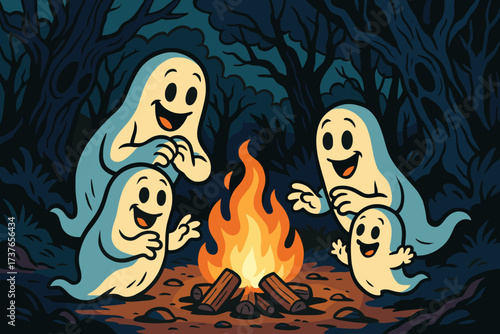 Gathering forest haunted campfire family glowing around gathered ghost ghostly vector illustration