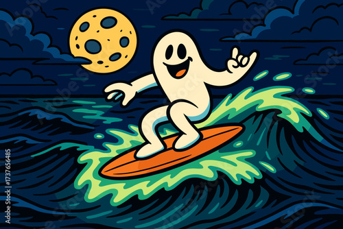 Vector surfing riding waves surfer illustration adventure glowing across ocean ghost ghostly