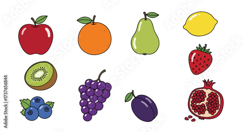 Vibrant Assortment of Fresh Colorful Fruits Collection Apple Orange Pear Lemon Kiwi Strawberry Grapes Blueberry Plum Pomegranate Icons