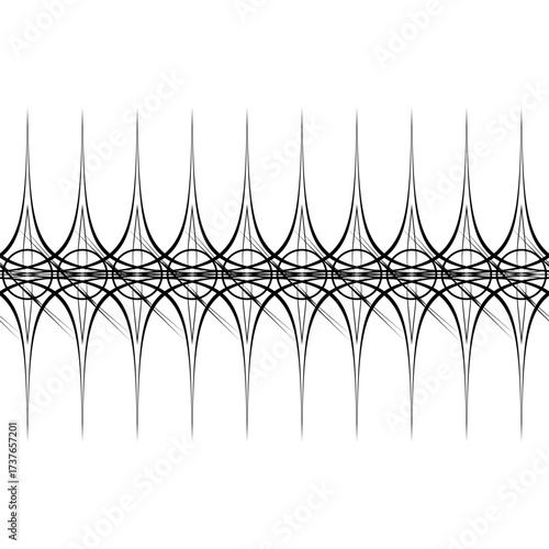 A black and white image of an intricate filigree forming arches with a lot of detail. Seamless loop vector illustration