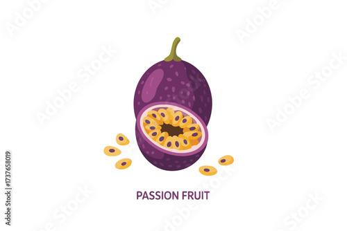 Whole and halved passion fruit with seeds on white background