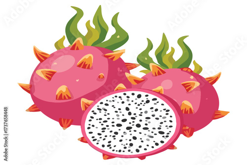 Two Pink Dragon Fruits and One Half Cut pitaya tropical fruit
