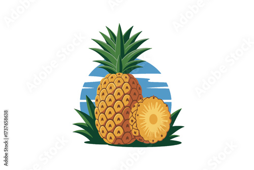 Whole Pineapple and Slice with Green Leaves and Blue Sky Background