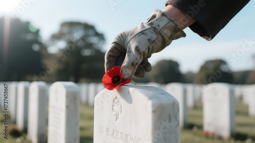 Poppy Flower Placed on Gravestone, Veterans Day Tribute to Remembrance and Honor
