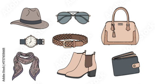 Fashionable Womens Accessories Set Hat Sunglasses Handbag Watch Belt Scarf Ankle Boots Wallet