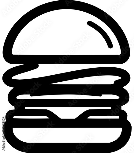 Stylized black and white illustration of a layered hamburger sandwich with multiple fillings, 
