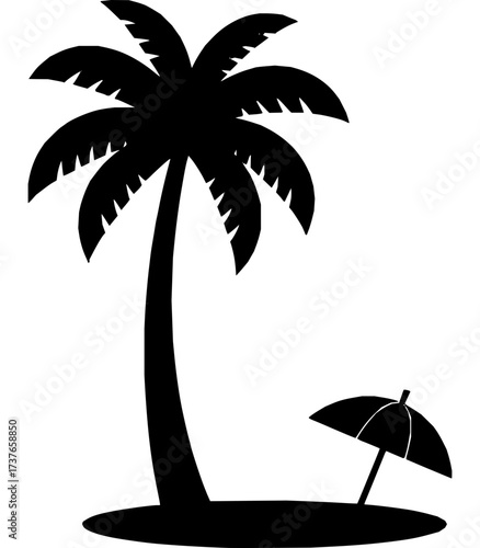 Simple vector illustration of a tall palm tree with a umbrella on a sandy beach,  relaxation and vacation.