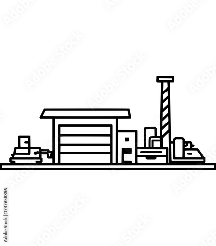 Black vector illustration of an industrial warehouse with garage door, machinery, equipment, and striped smokestack tower in background.