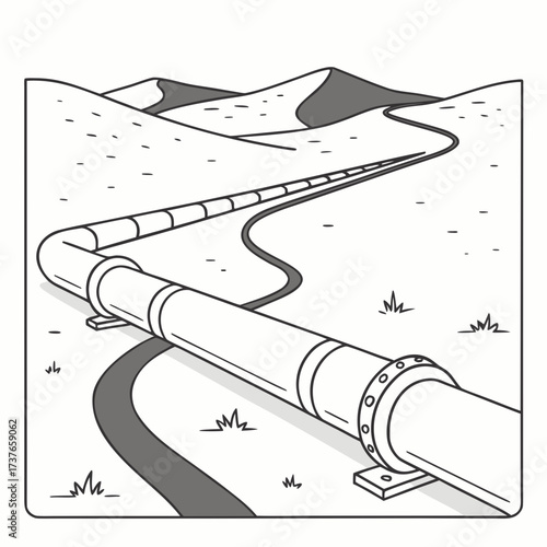 A large industrial pipeline stretches across a barren landscape with rolling hills and a winding path