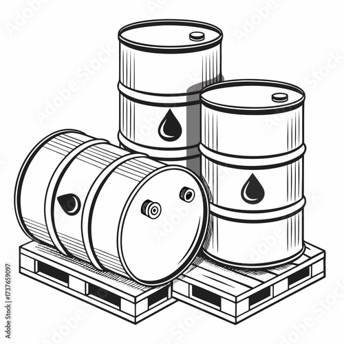 Black and white illustration of three oil drums with a drop symbol on a wooden pallet in an isometric perspective