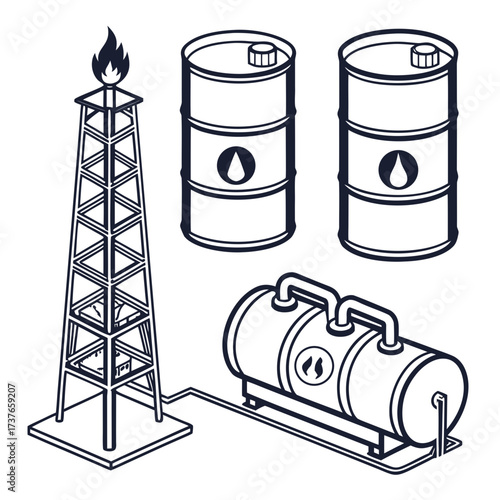 Illustration of an oil derrick with a flame two oil barrels and a horizontal storage tank connected by pipelines