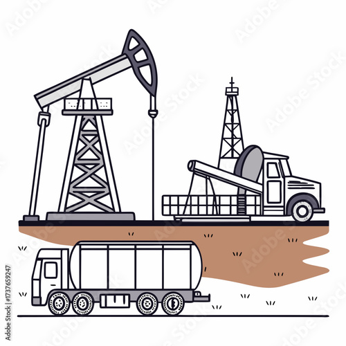 Illustration of oil extraction and transportation with pumpjack drilling rig and tanker truck on white background