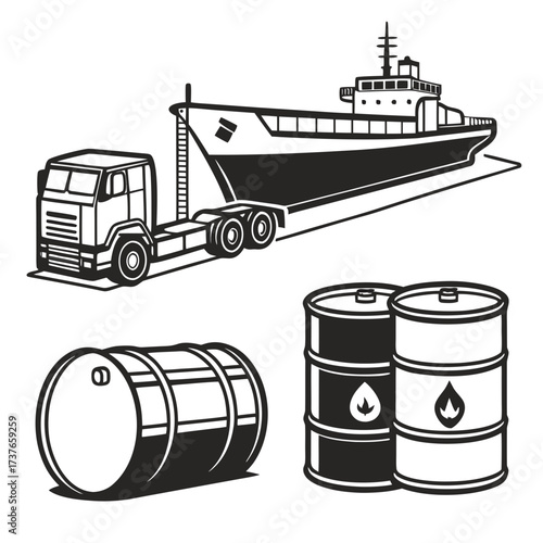 Illustration of a truck transporting a ship alongside oil barrels representing cargo and logistics