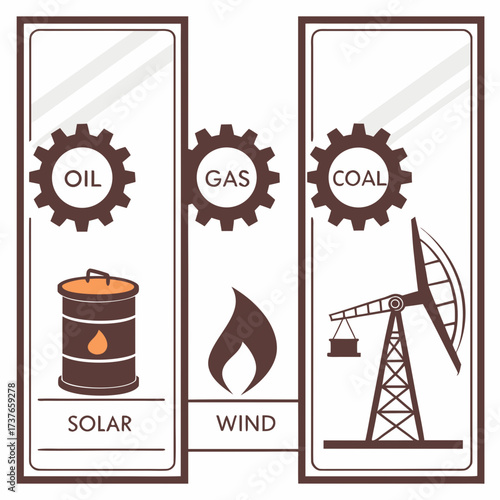 Illustration of various energy sources including oil gas coal solar and wind power represented by icons and symbols