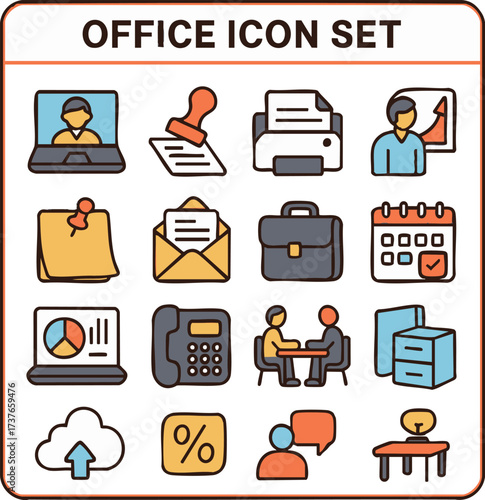 Office icon set of business tools, communication, and productivity vector