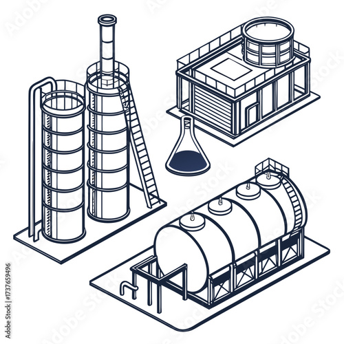 Isometric illustration of a chemical plant with storage tanks a distillation column and a laboratory flask on a white background