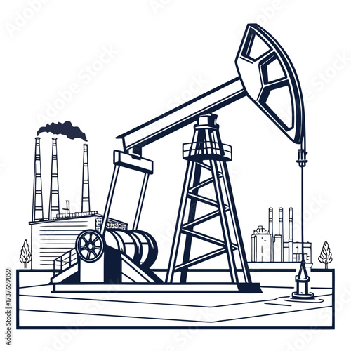 Stylized illustration of an oil pump jack and industrial factory with smoking chimneys in a landscape