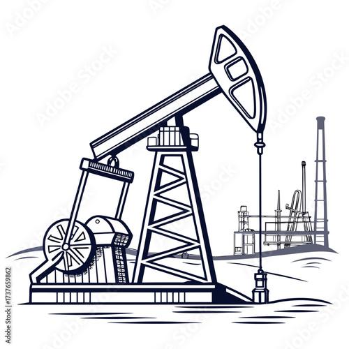 Stylized illustration of an oil pumpjack and industrial oil refinery equipment in the background on a white background