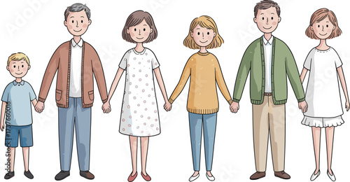 Cartoon family characters holding hands, happy parents with children illustration, cute hand drawn family members, casual outfit people design