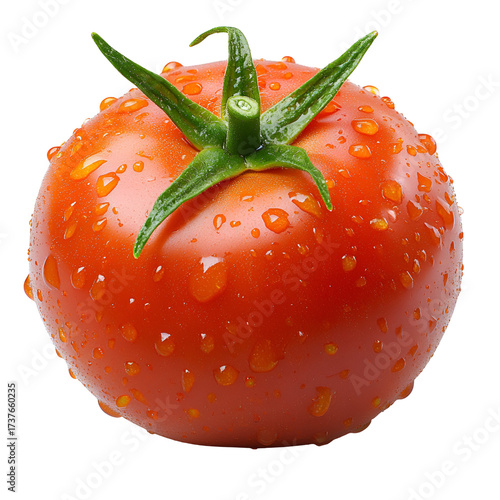 Single ripe tomato with water droplets
