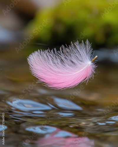 Pink feather floats above creek water